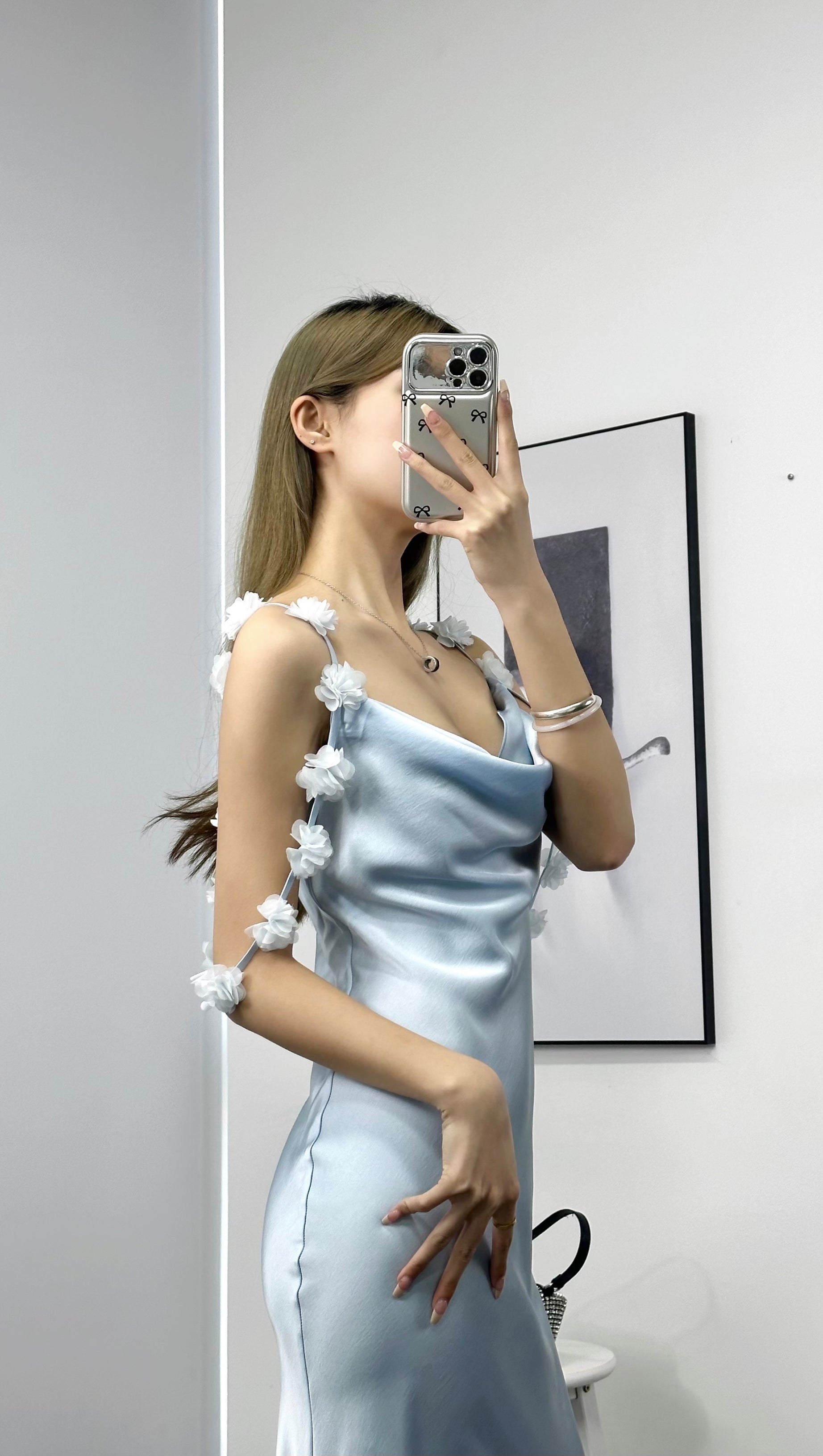 BLUE SATIN FLOWER MAXI DRESS