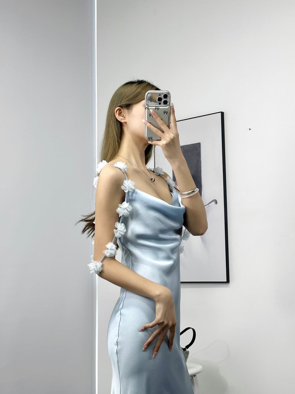 BLUE SATIN FLOWER MAXI DRESS