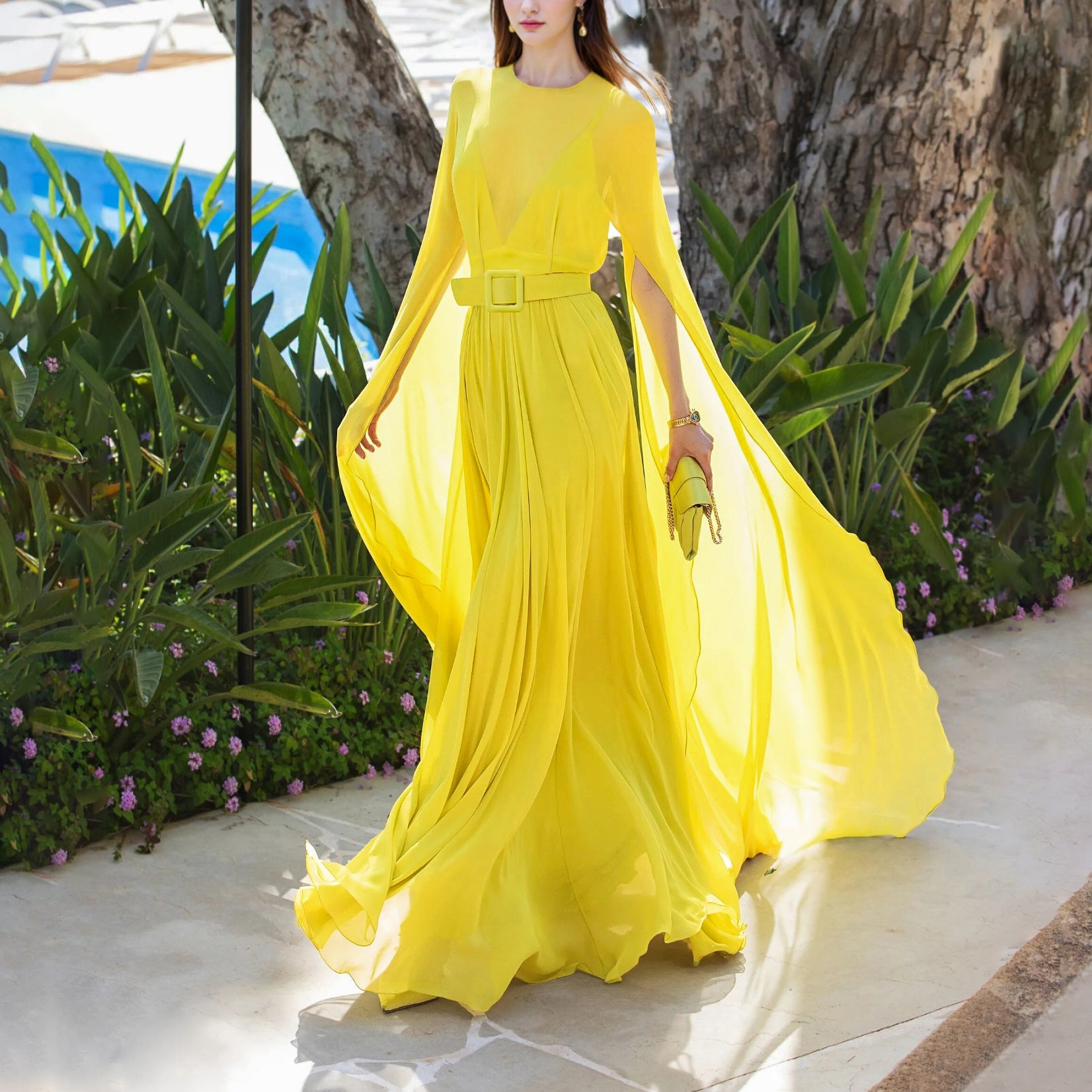 YELLOW SHEER - SLEEVED BELTED MAXI DRESS
