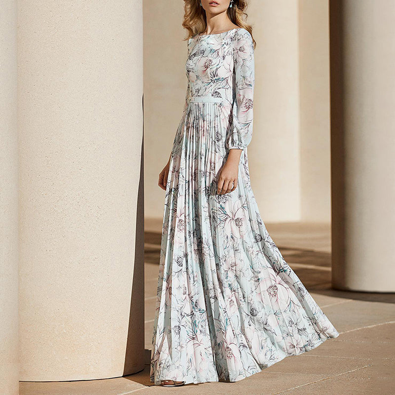 ELEGANT FLORAL PLEATED LONG DRESS WITH SHEER SLEEVES
