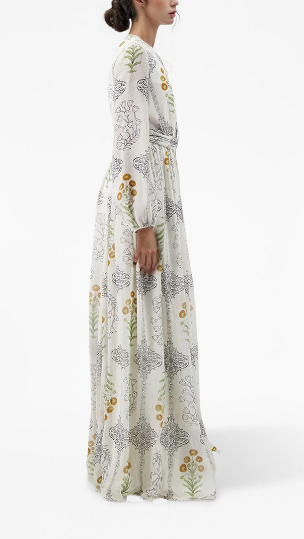 AIIZIE WHITE HIGH - WAIST SLIM FLORAL PRINTED LONG - SLEEVE MAXI FLARED DRESS - product image