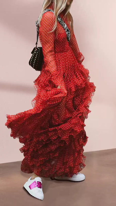 RED POLKA DOT TIERED MAXI DRESS WITH SHEER SLEEVES