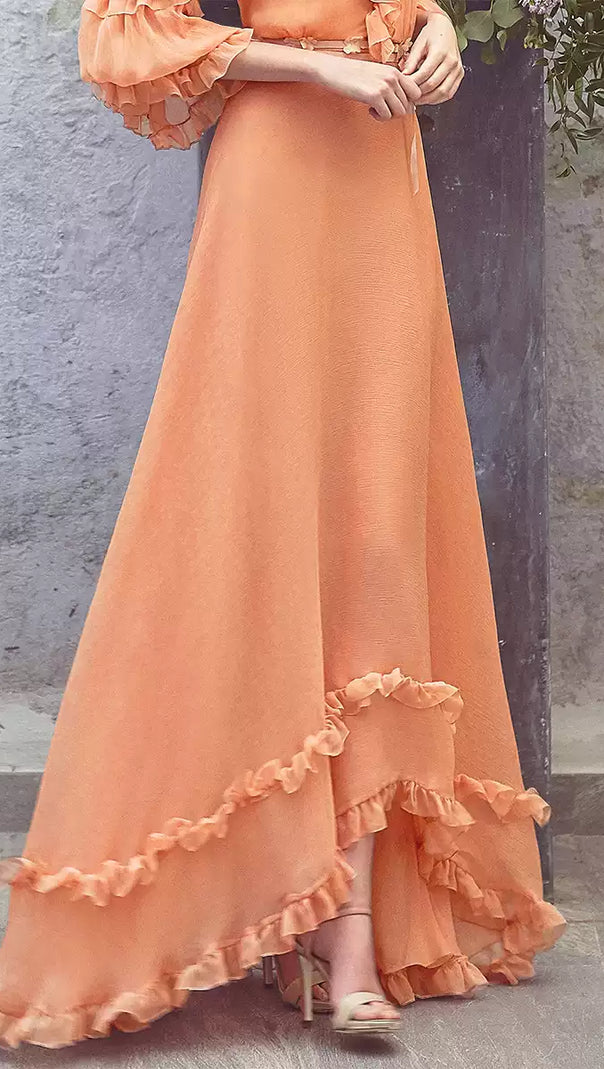 AIIZIE PEACH RUFFLED MAXI DRESS WITH V - NECK AND SHEER SLEEVES - product image