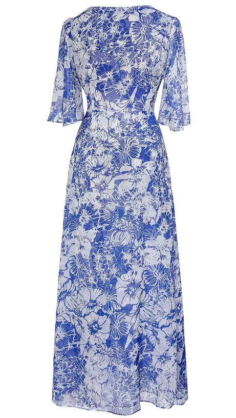 BLUE AND WHITE FLORAL PRINT CHIFFON WRAP MIDI DRESS