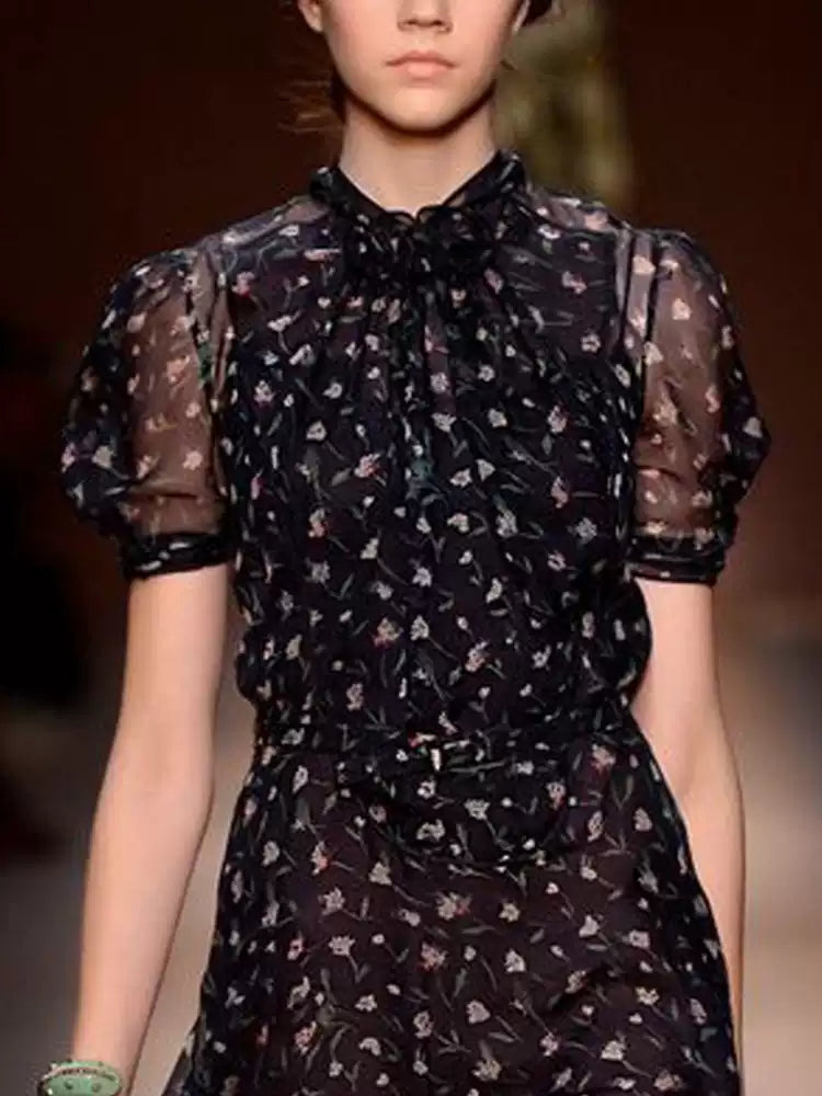 AIIZIE BLACK FLORAL PRINT DRESS WITH HIGH NECK AND BELT - product image