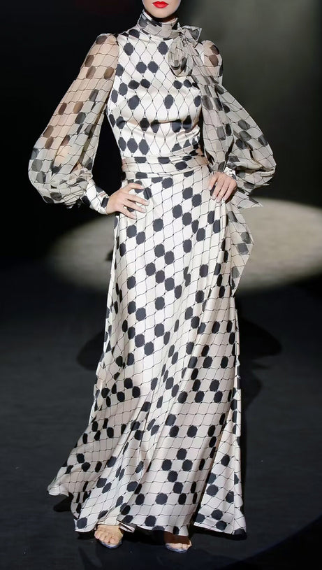 POLKA DOT SATIN GOWN WITH SHEER SLEEVES & BOW NECKLINE