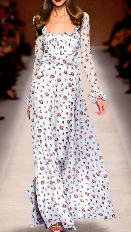 WHITE FLORAL RUFFLED MAXI DRESS WITH SQUARE NECKLINE