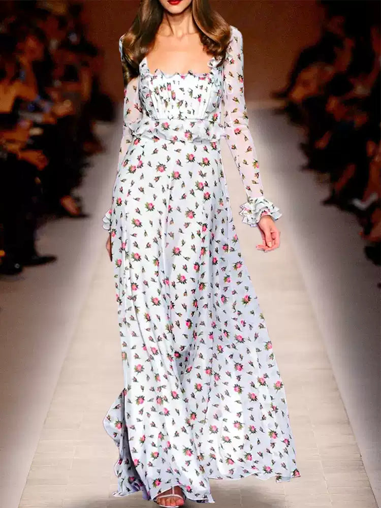 AIIZIE WHITE FLORAL RUFFLED MAXI DRESS WITH SQUARE NECKLINE - product image