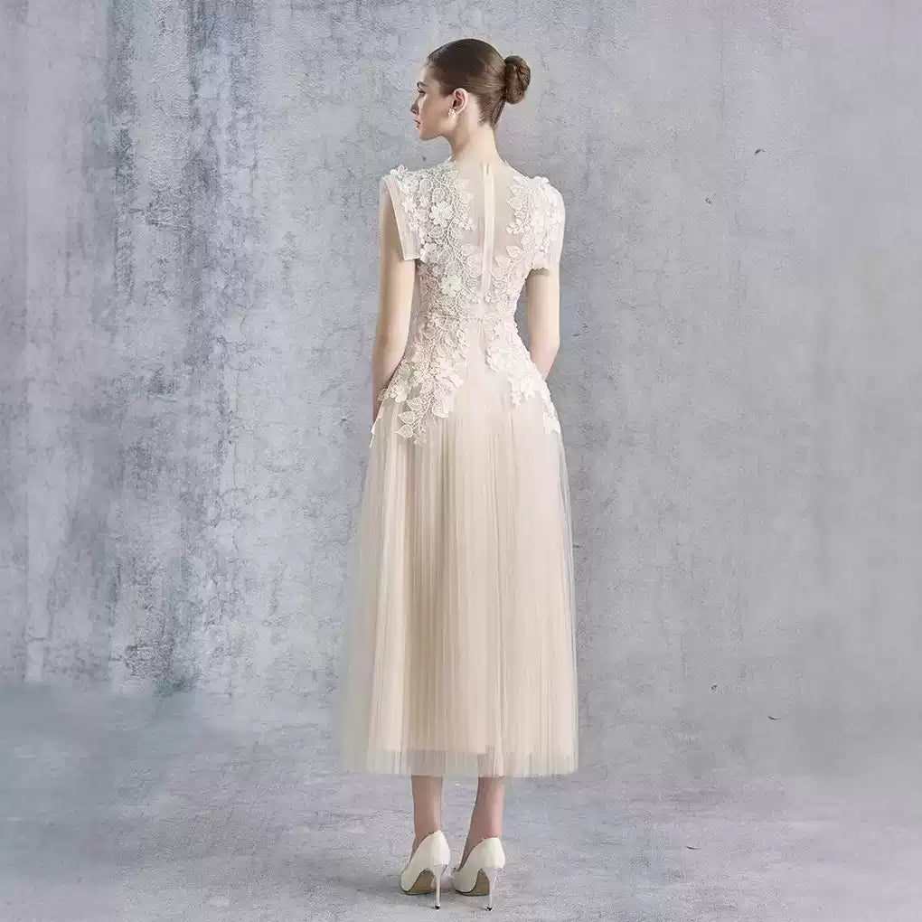 floral appliqué bodice sleeveless midi dress in beige