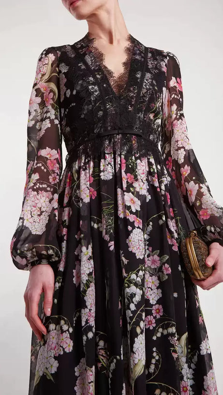 BLACK FLORAL LONG SLEEVE MAXI DRESS WITH V - NECK AND LACE DETAIL