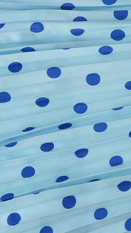 LIGHT BLUE POLKA DOT WRAP DRESS WITH PLEATED SKIRT