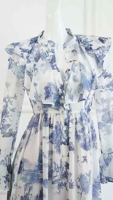 BLUE WATERCOLOR FLORAL CHIFFON  MAXI DRESS
