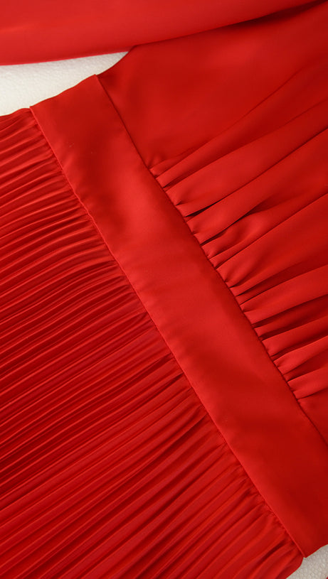 Rotes plissiertes Midikleid mit Puffärmeln und Bund 