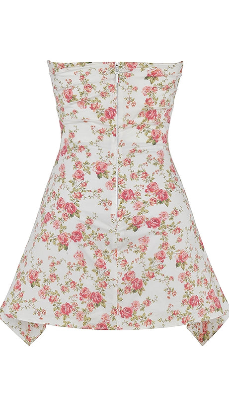 DRAPIERTES TRÄGERLOSES MINIKLEID MIT BLUMENPRINT