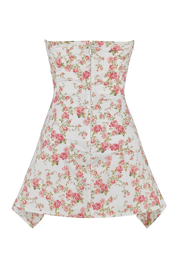 FLORAL PRINTS DRAPED STRAPLESS MINI DRESS