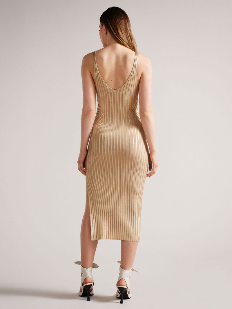 AIIZIE GERTI FOIL RIBBED BODY-CON MIDI DRESS IN GOLD - product image