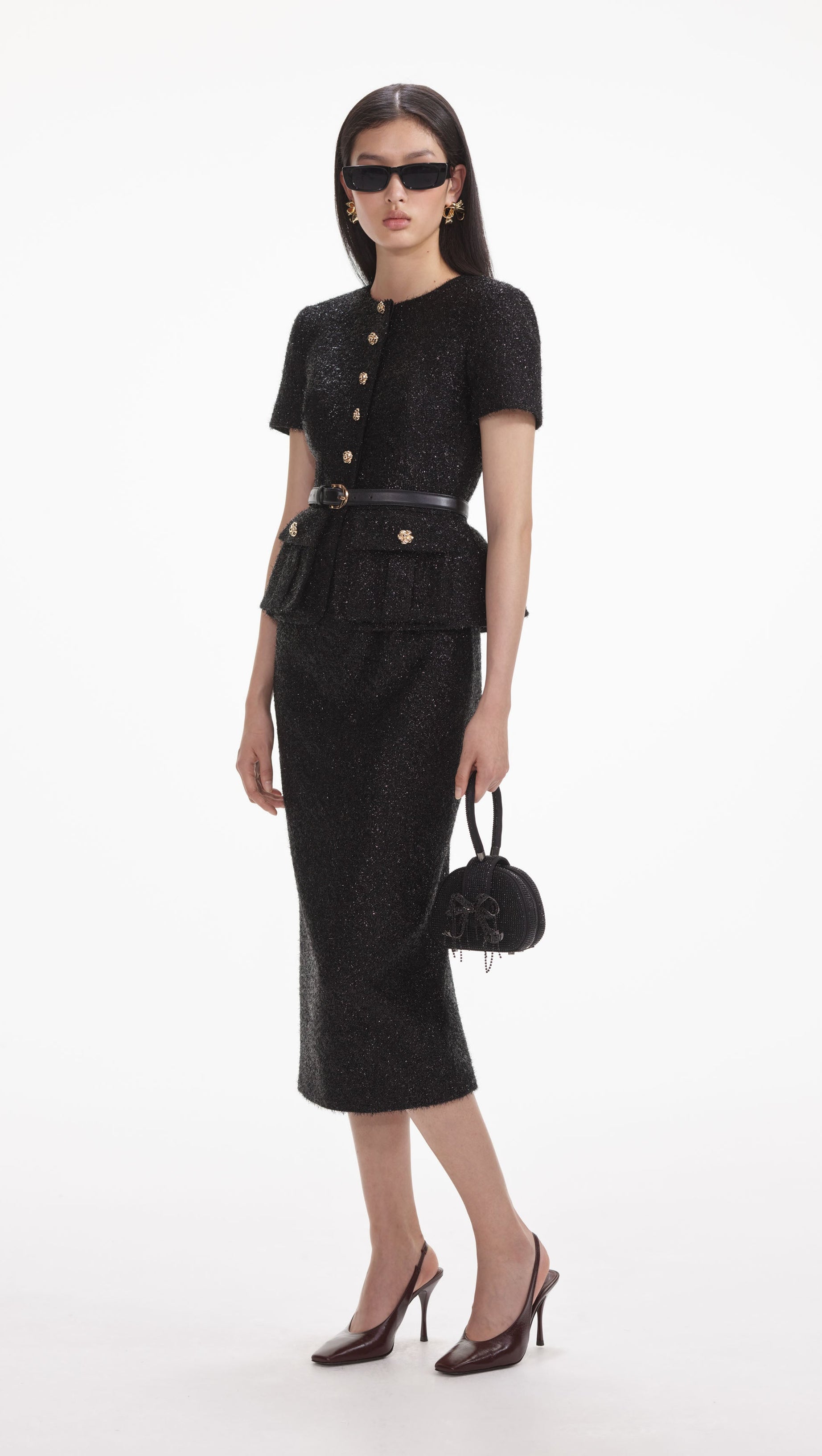 BLACK TINSEL BOUCLE TAILORED MIDI DRESS