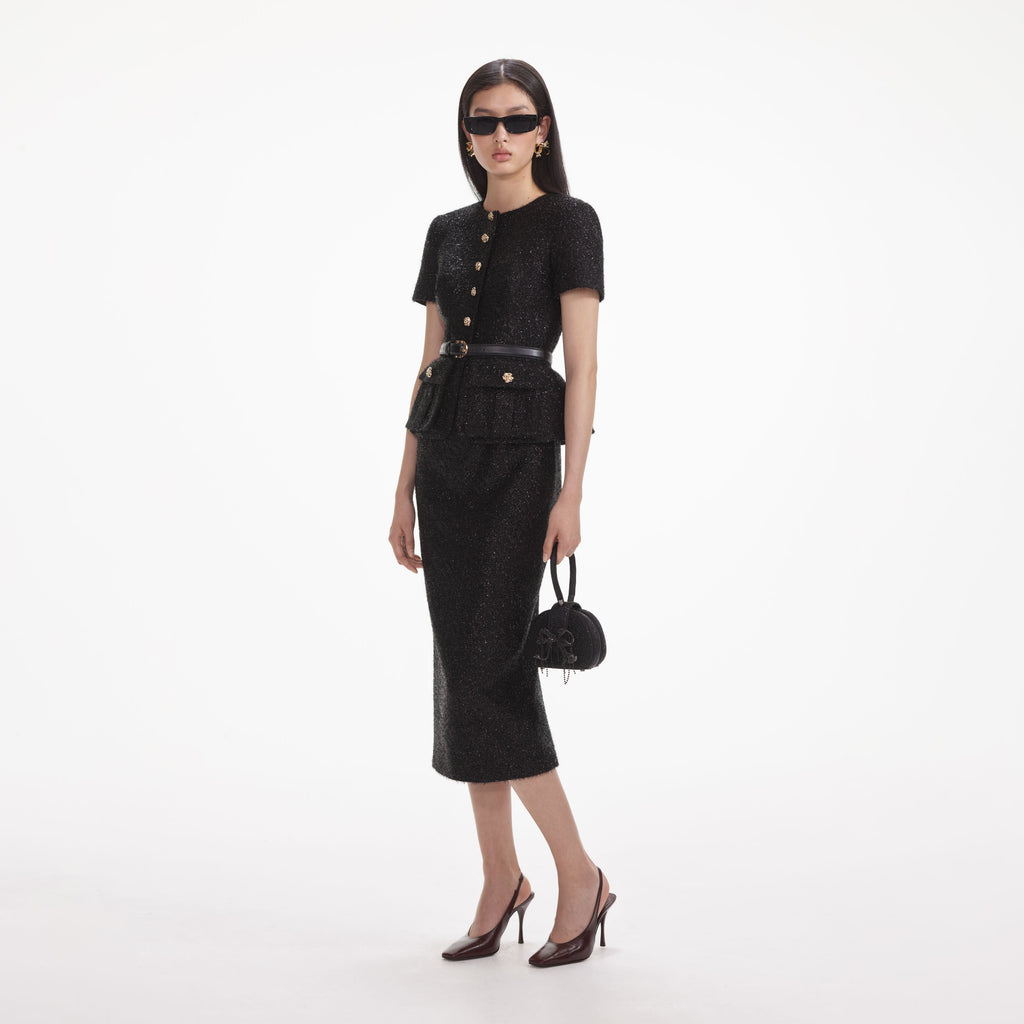 BLACK TINSEL BOUCLE TAILORED MIDI DRESS