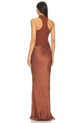 Ilya Asymmetrical Cutout Satin Maxi Dress in Brown