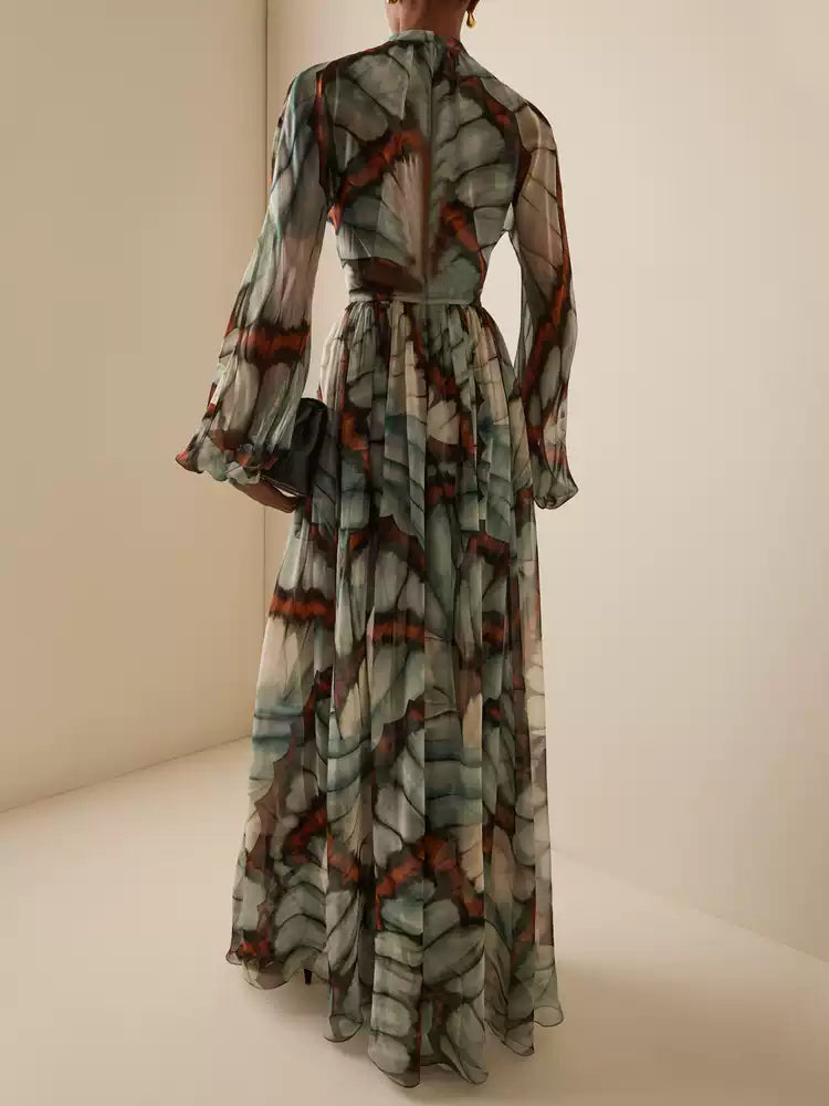 AIIZIE VINTAGE COURT STYLE WITH FLORAL PRINT CHIFFON MAXI DRESS - product image