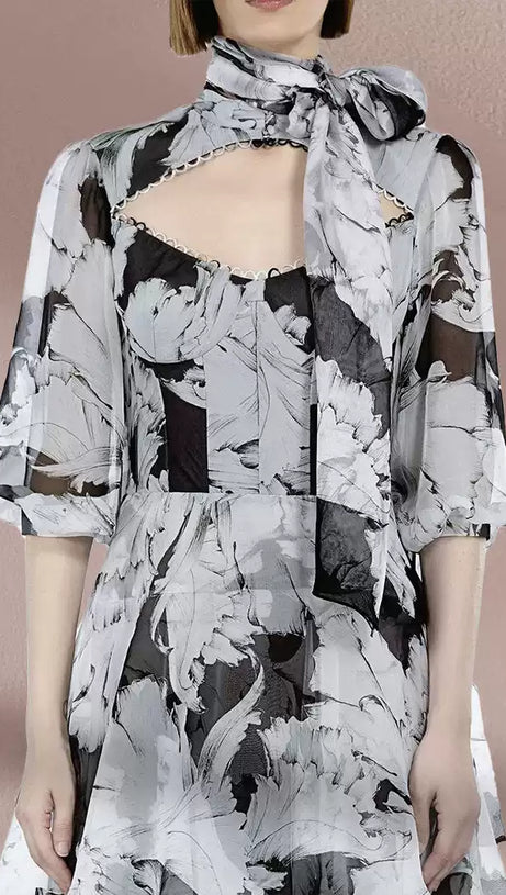 ELEGANT FLORAL TIERED MAXI DRESS WITH BOW NECKLINE