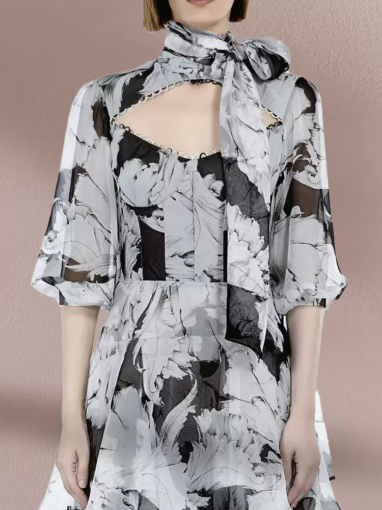 AIIZIE ELEGANT FLORAL TIERED MAXI DRESS WITH BOW NECKLINE - product image
