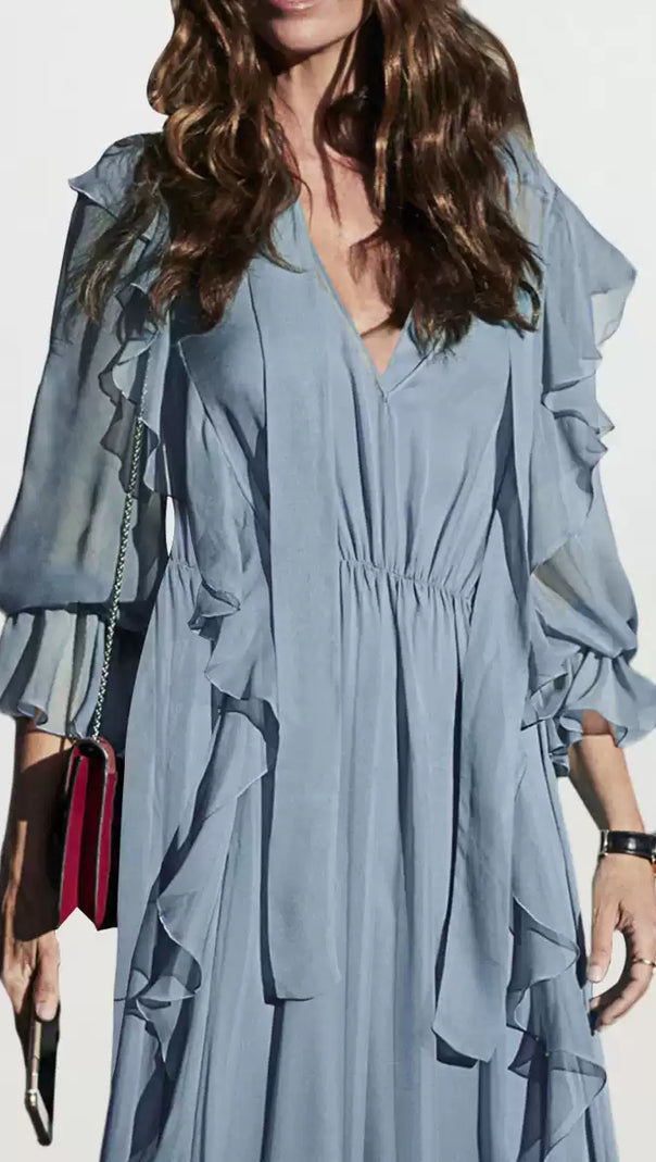 AIIZIE LIGHT BLUE CHIFFON RUFFLE MAXI DRESS WITH BELT - product image