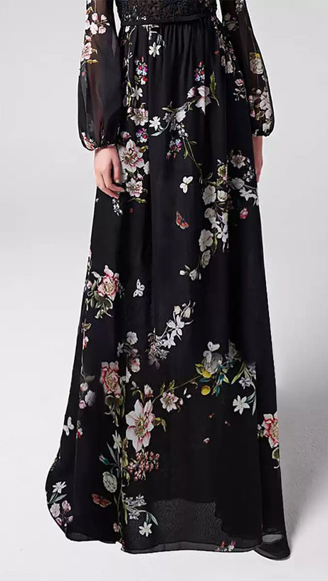 BLACK ELEGANT FLORAL LONG DRESS WITH SHEER SLEEVES AND LACE DETAIL