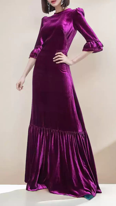 PURPLE VELVET RUFFLE TRIM MAXI DRESS WITH HALF - SLEEVES