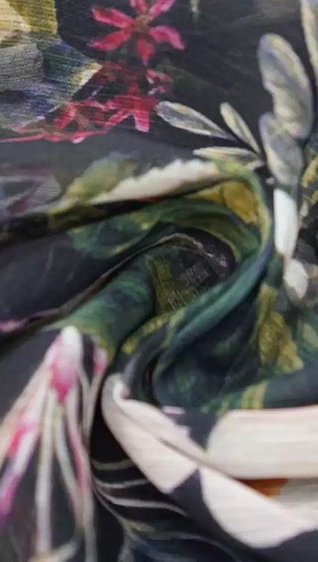 BLACK FLORAL RUFFLE SHORT - SLEEVE MAXI DRESS