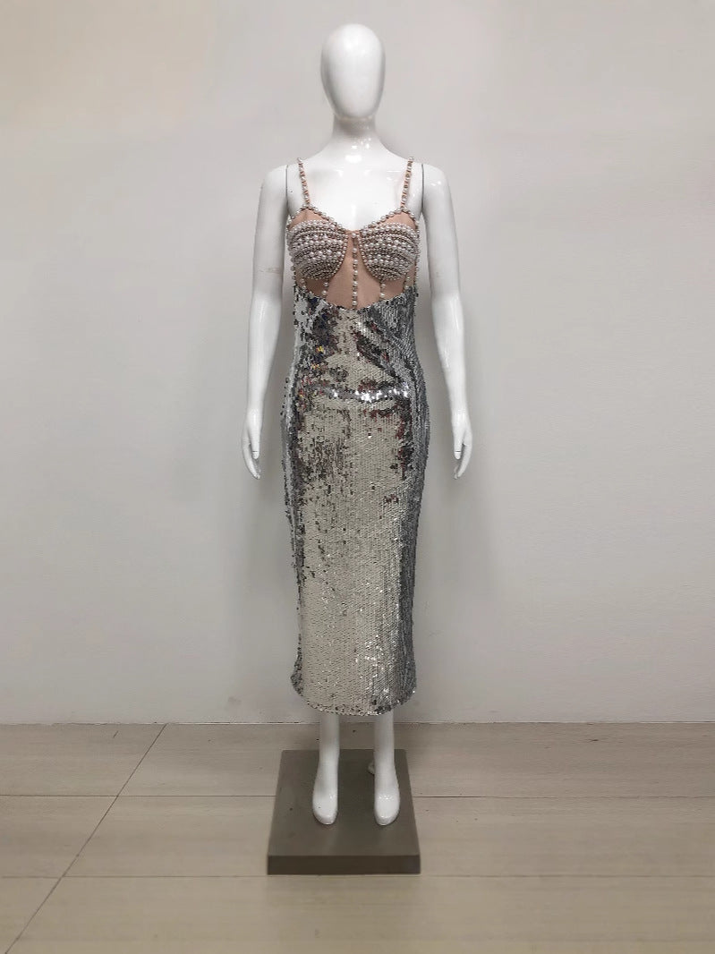 AIIZIE PEARL SILVER SEQUIN EVENING GOWN HALTER NECK MIDI DRESS - product image