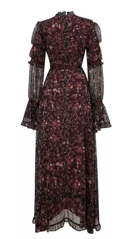 BURGUNDY FLORAL CHIFFON MAXI DRESS WITH RUFFLED SLEEVES