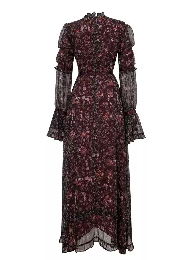 AIIZIE BURGUNDY FLORAL CHIFFON MAXI DRESS WITH RUFFLED SLEEVES - product image