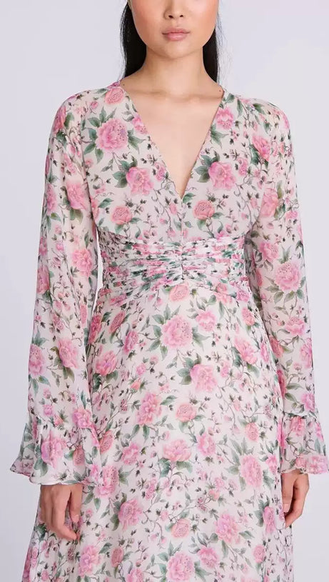 PinkPink – Geblümtes Chiffon-Maxikleid mit Glockenärmeln und V-Ausschnitt 