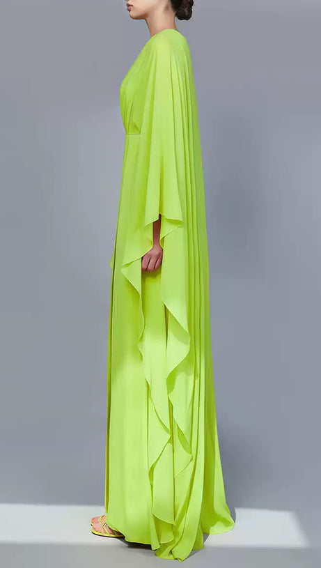 NEON GREEN CHIFFON MAXI DRESS WITH CAPE SLEEVES AND PLUNGE NECKLINE