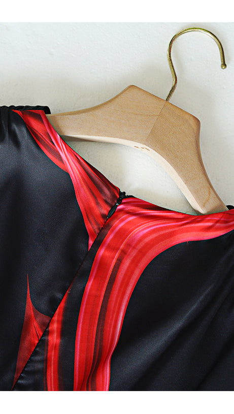 BLACK MAXI DRESS WITH RED PRINTS, PUFF SLEEVES & V - NECK