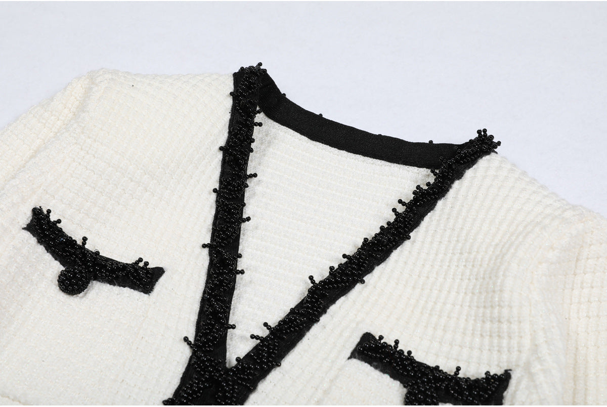 WHITE PEARL TRIM KNIT MINI DRESS