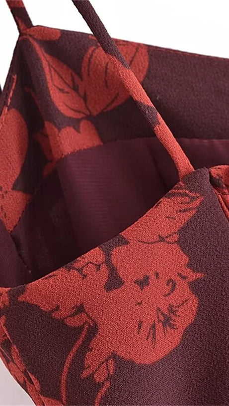 FLORAL PRINT SLIT MIDI DRESS IN BURGUNDY