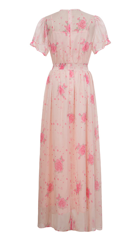PINK FLORAL CHIFFON MAXI DRESS WITH BOW NECKLINE