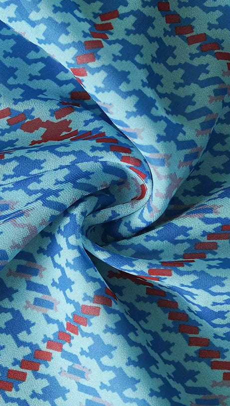 BLUE ELEGANT HOUNDSTOOTH MAXI DRESS WITH POLKA DOT ACCENTS AND RUFFLES