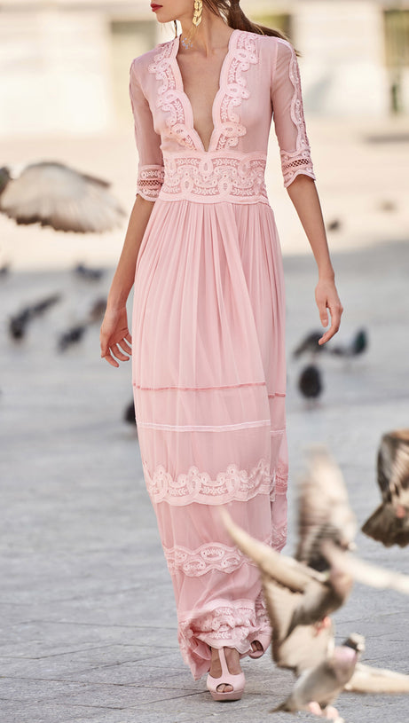 ELEGANT PINK SHEER LACE MAXI DRESS WITH EMBROIDERY