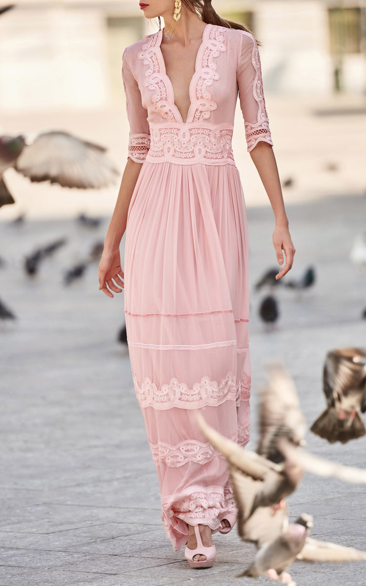 ELEGANT PINK SHEER LACE MAXI DRESS WITH EMBROIDERY