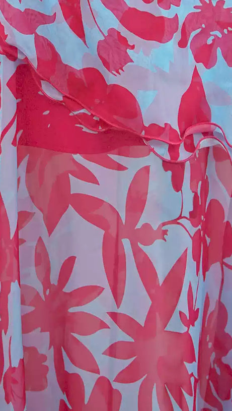 ELEGANT FLORAL WRAP DRESS WITH RUFFLED HEM AND SHEER DETAILS