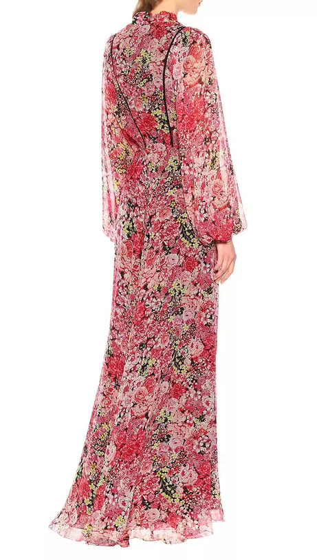 ABITO LUNGO IN CHIFFON A FIORI ROSSI