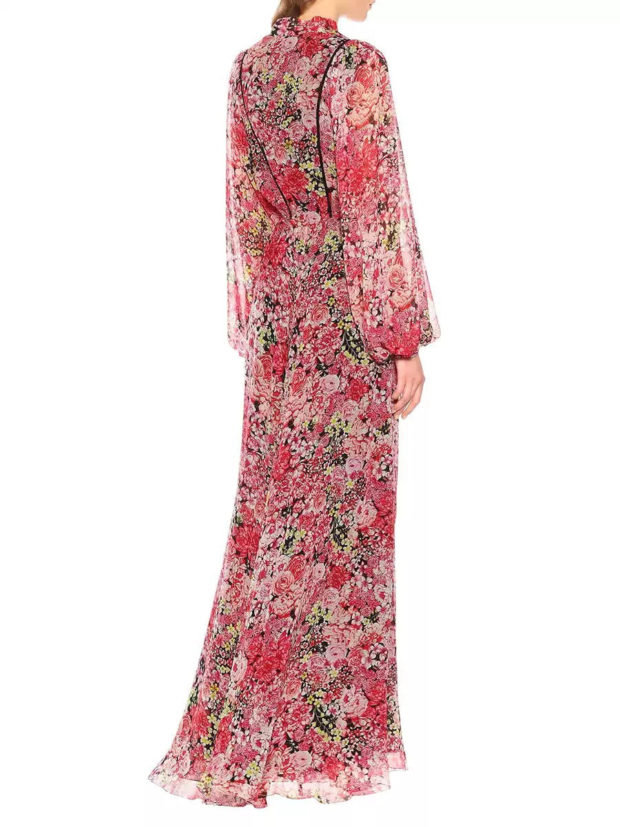 ABITO LUNGO IN CHIFFON A FIORI ROSSI