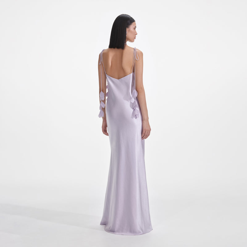 Bahari Floral Ribbon Satin Maxi Dress in purple