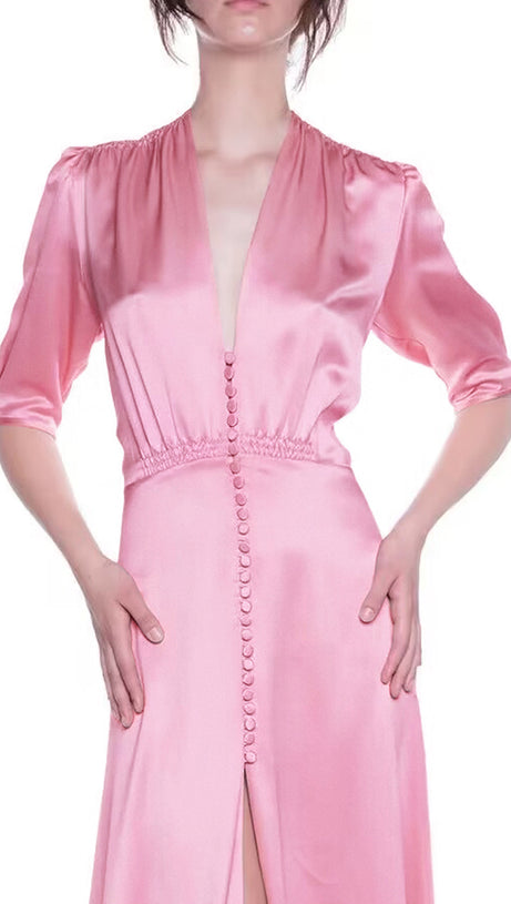 PINK SATIN MAXI DRESS WITH V NECK AND BUTTON FRONT
