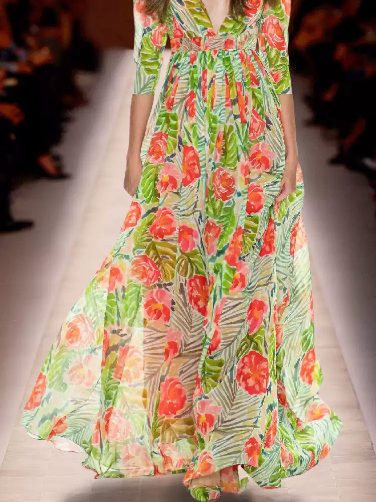 AIIZIE FLORAL PRINT V - NECK CHIFFON MAXI DRESS WITH BELT - product image