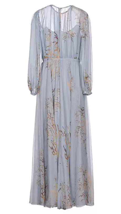 LIGHT BLUE CHIFFON MAXI DRESS WITH TREE PRINT MAXI DRESS