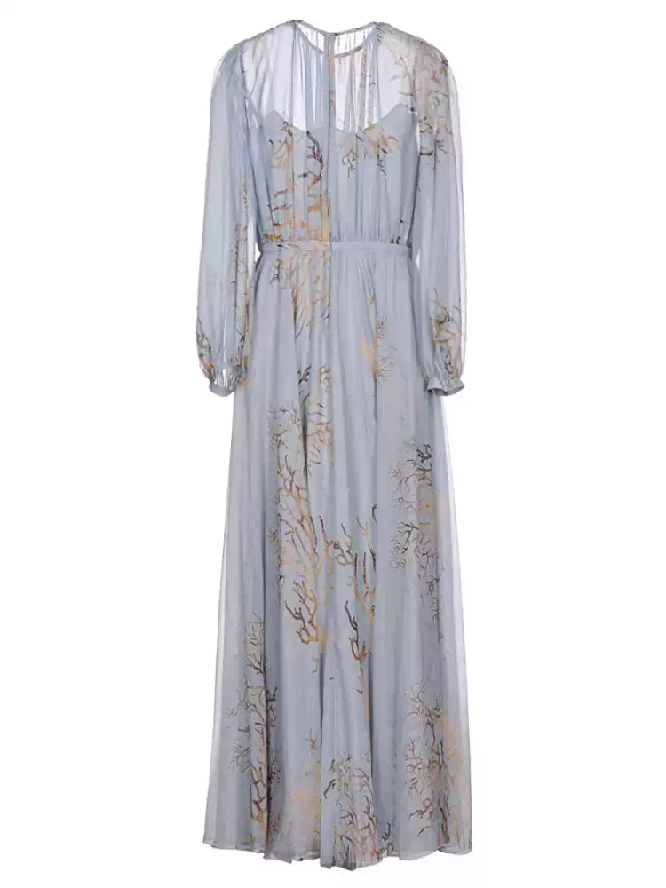 AIIZIE LIGHT BLUE CHIFFON MAXI DRESS WITH TREE PRINT MAXI DRESS - product image